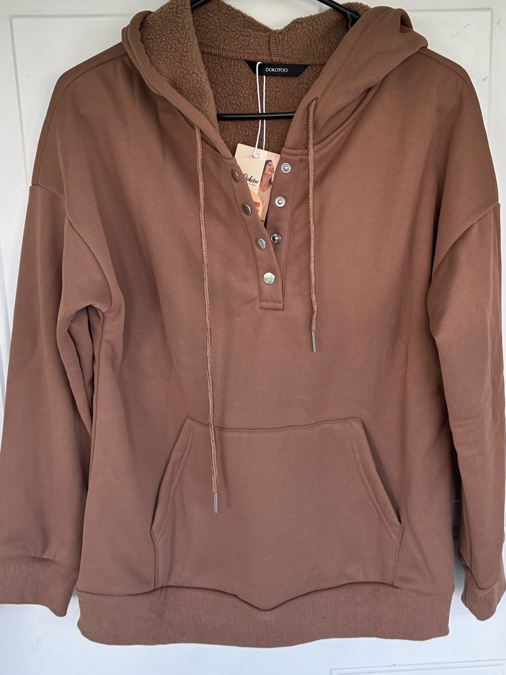 Dokotoo Women's Brown Fleece Lined Button Collar Hoodie Sweatshirt Size Small